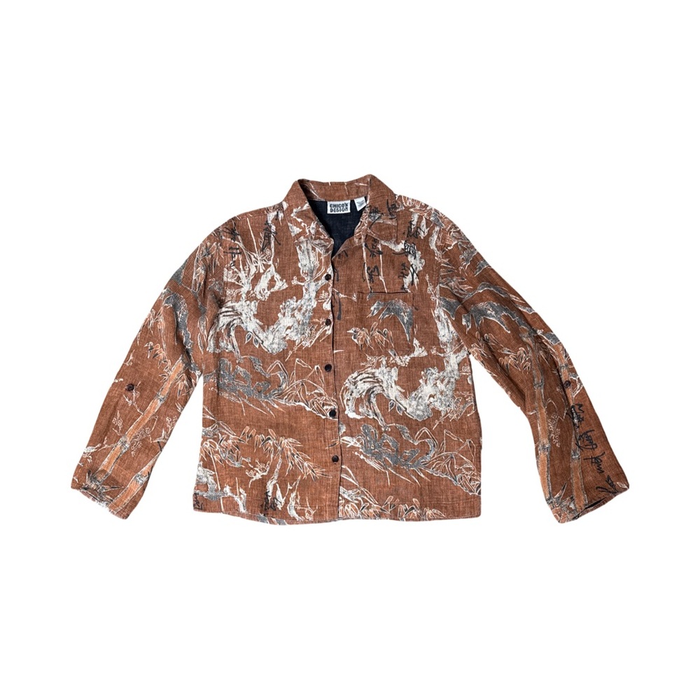 Chico’s Design Button Down Shirt Abstract Asian Print Brown Linen Size 0‎